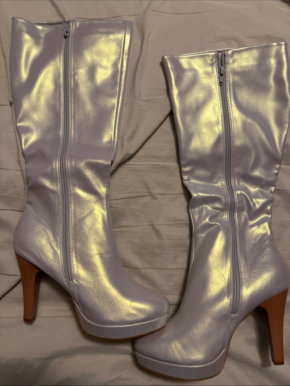 Allegra K Iridescent Silver Knee-High Platform Heeled Boots